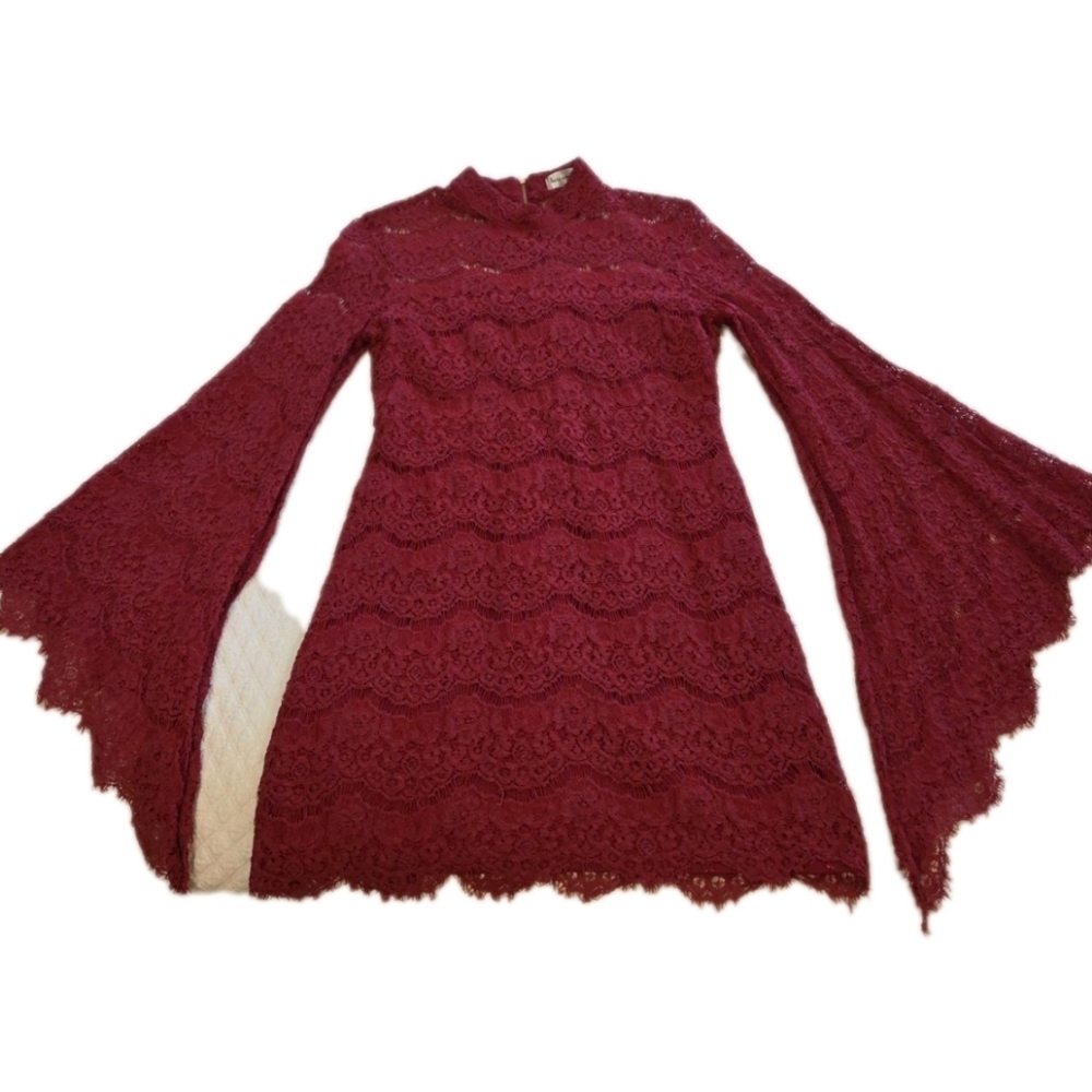 Luxe Apothetique Maroon Red Lace Mini Dress Sz Large Cascade Bell Sleeve Gothic